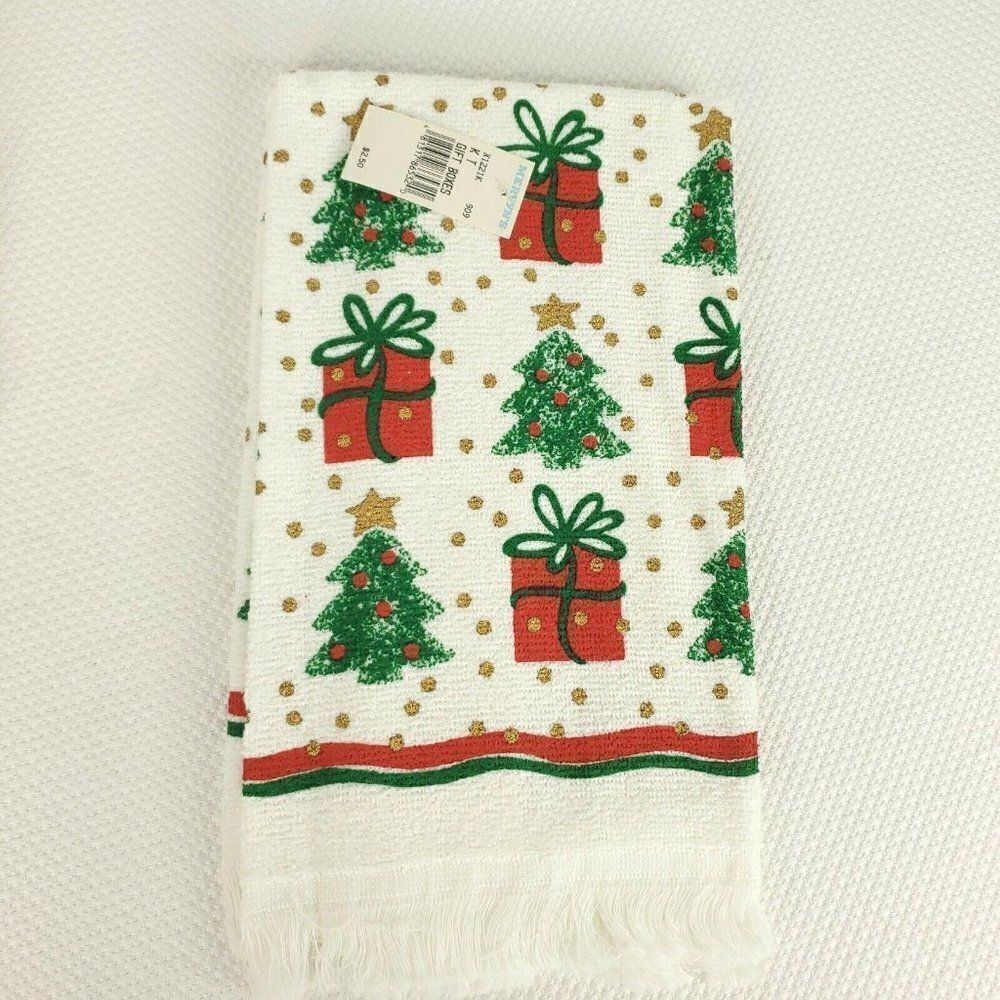 Vintage 1980s Kitchen Hand Towel White Red Green Christmas Presents Fringe New